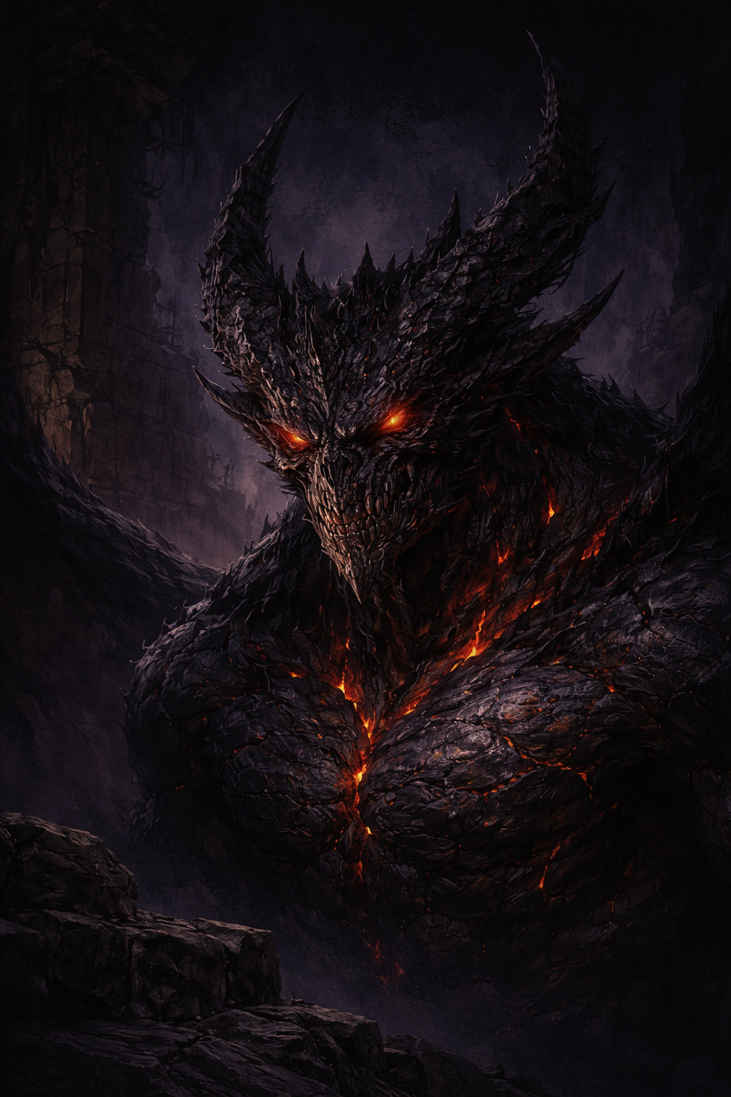 The demon in full form — dark obsidian body cracked with molten lava, piercing red eyes