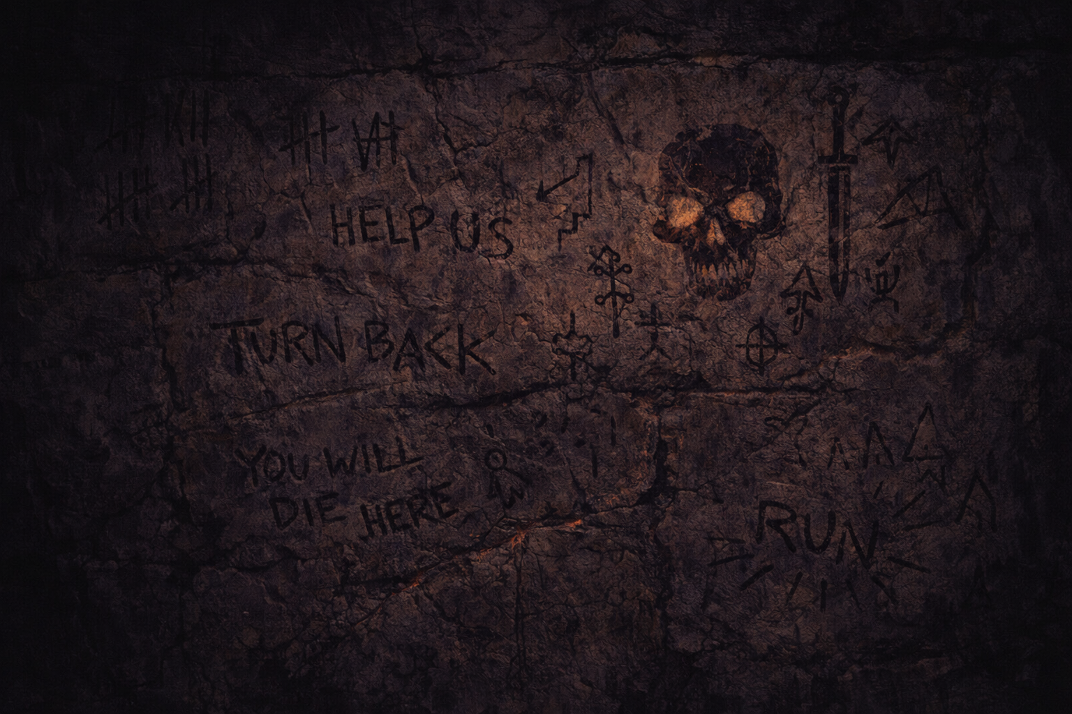 Arena wall covered in carved warnings and a glowing skull — HELP US, TURN BACK, YOU WILL DIE HERE
