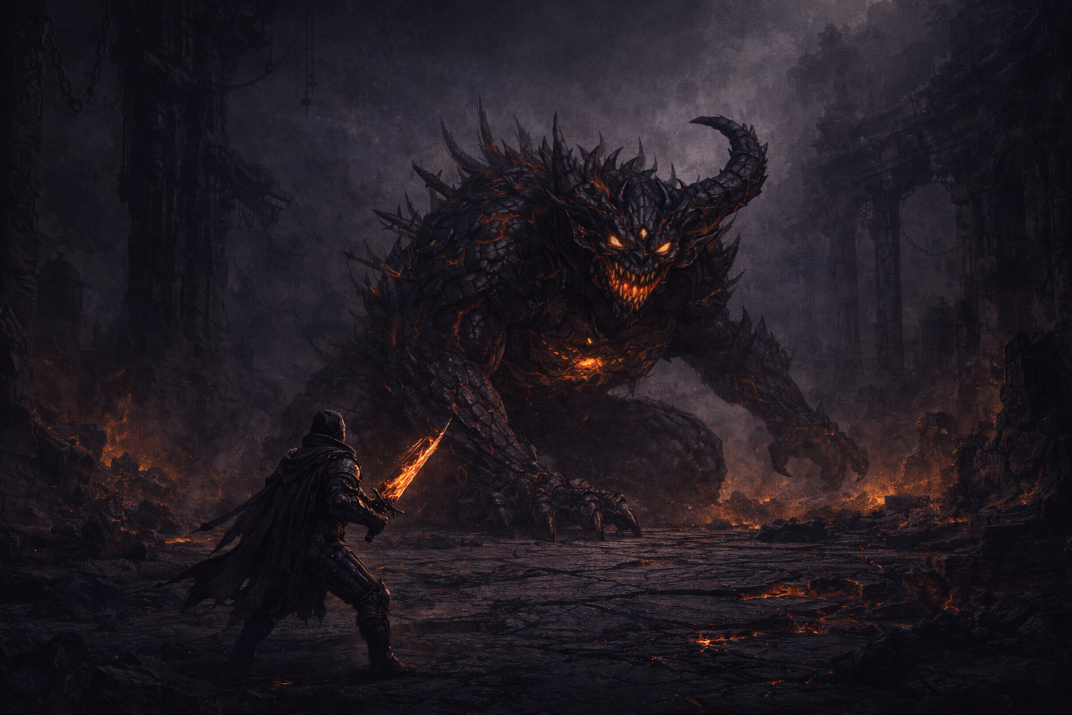 A lone slayer faces a massive demon in a dark, fiery arena