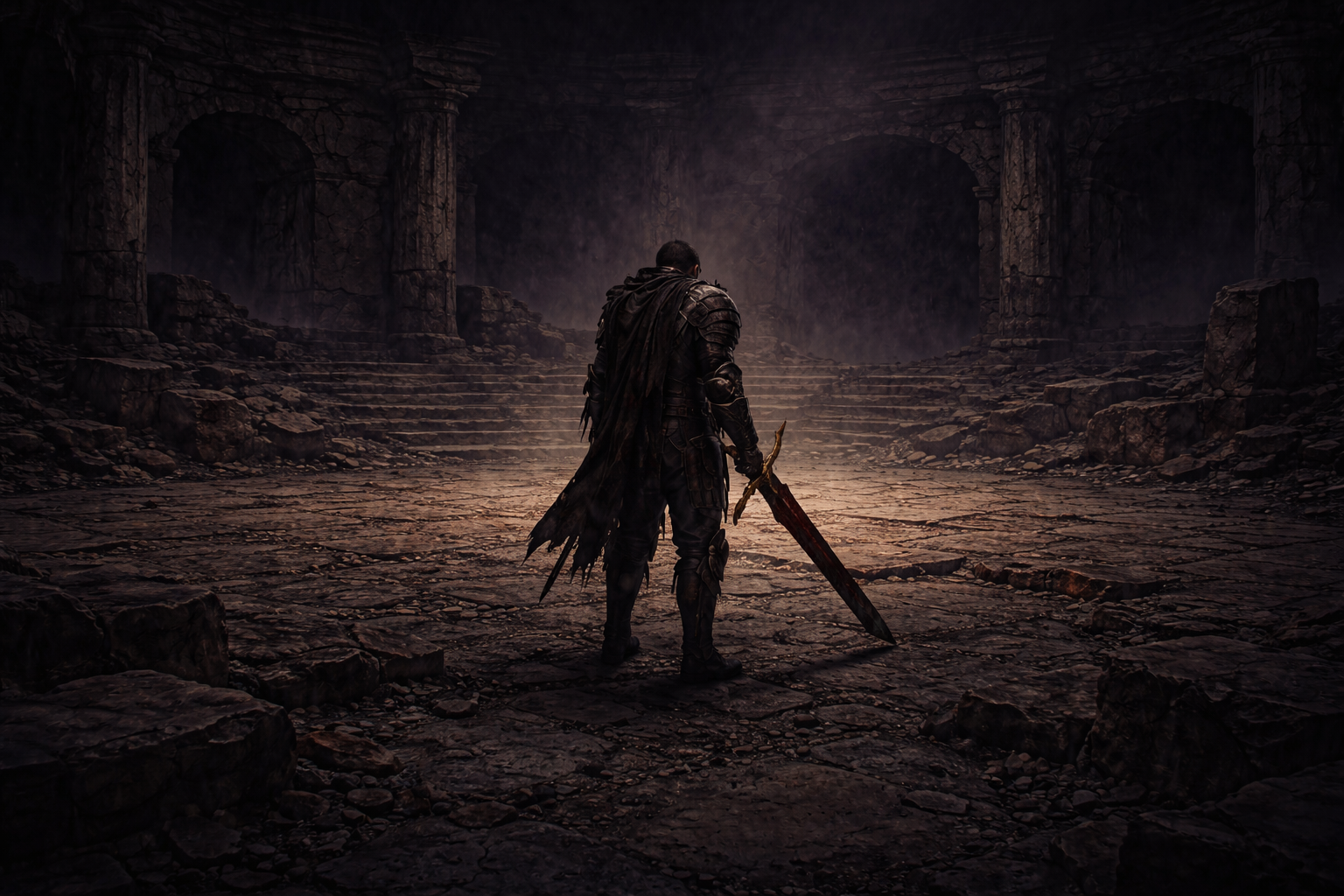 A lone warrior approaches the arena entrance, sword in hand