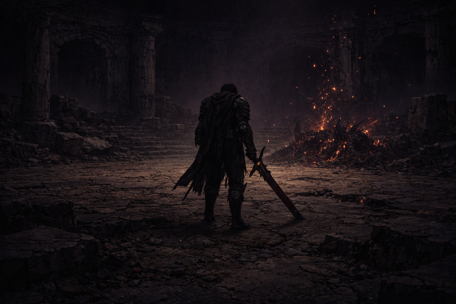 A victorious slayer stands over a fallen demon in a burning arena